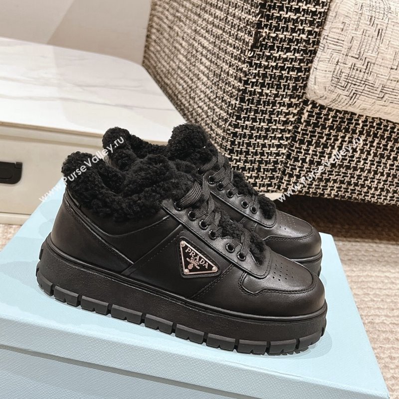 Prada Calf Leather and Shearling Mid-top Platform Sneakers Black 2024 1227 (KL-241227106)