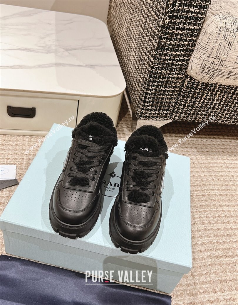 Prada Calf Leather and Shearling Mid-top Platform Sneakers Black 2024 1227 (KL-241227106)