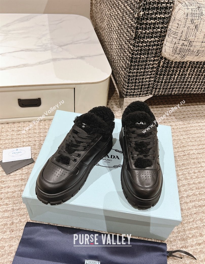 Prada Calf Leather and Shearling Mid-top Platform Sneakers Black 2024 1227 (KL-241227106)