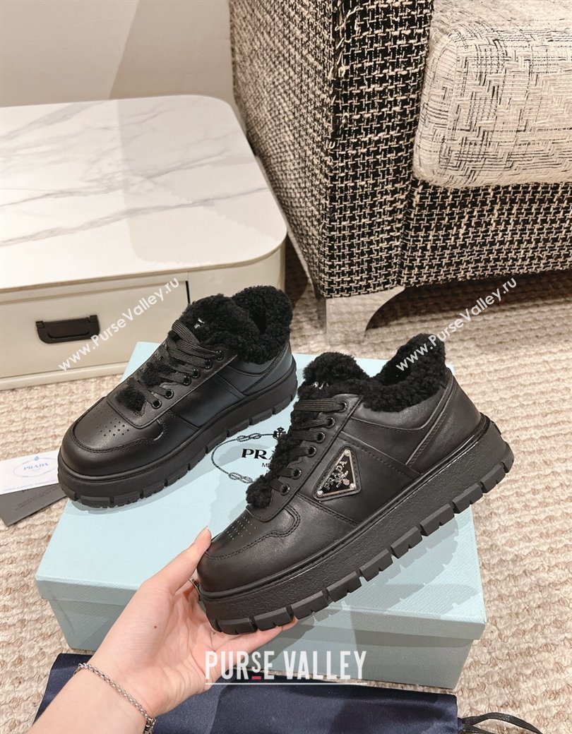 Prada Calf Leather and Shearling Mid-top Platform Sneakers Black 2024 1227 (KL-241227106)