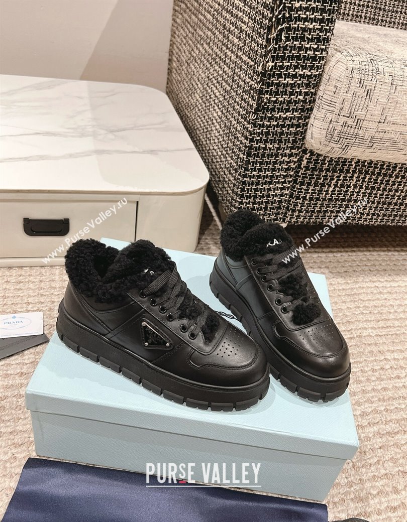 Prada Calf Leather and Shearling Mid-top Platform Sneakers Black 2024 1227 (KL-241227106)