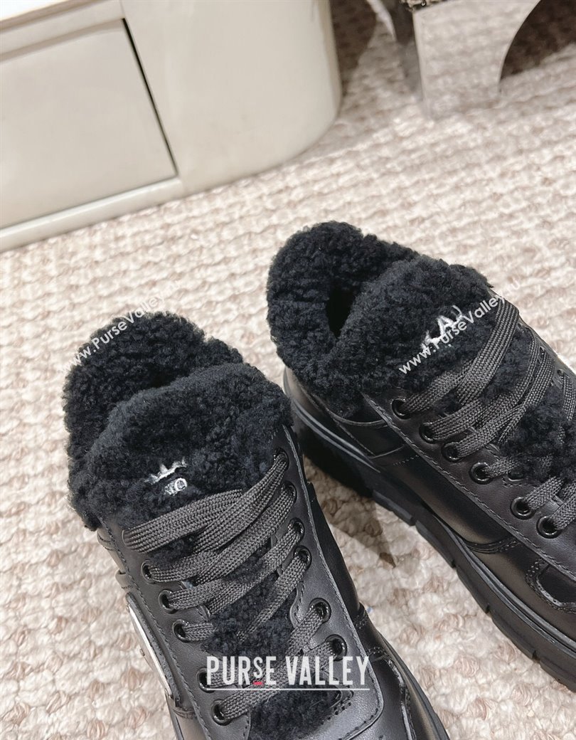 Prada Calf Leather and Shearling Mid-top Platform Sneakers Black 2024 1227 (KL-241227106)