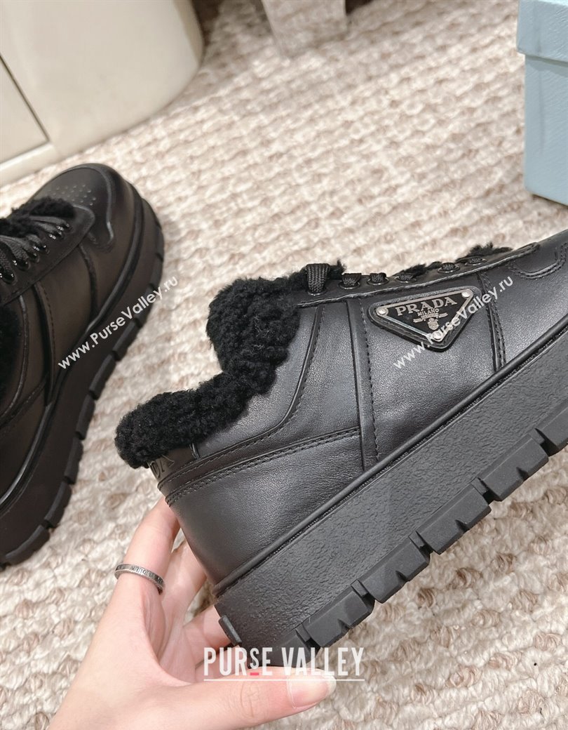 Prada Calf Leather and Shearling Mid-top Platform Sneakers Black 2024 1227 (KL-241227106)