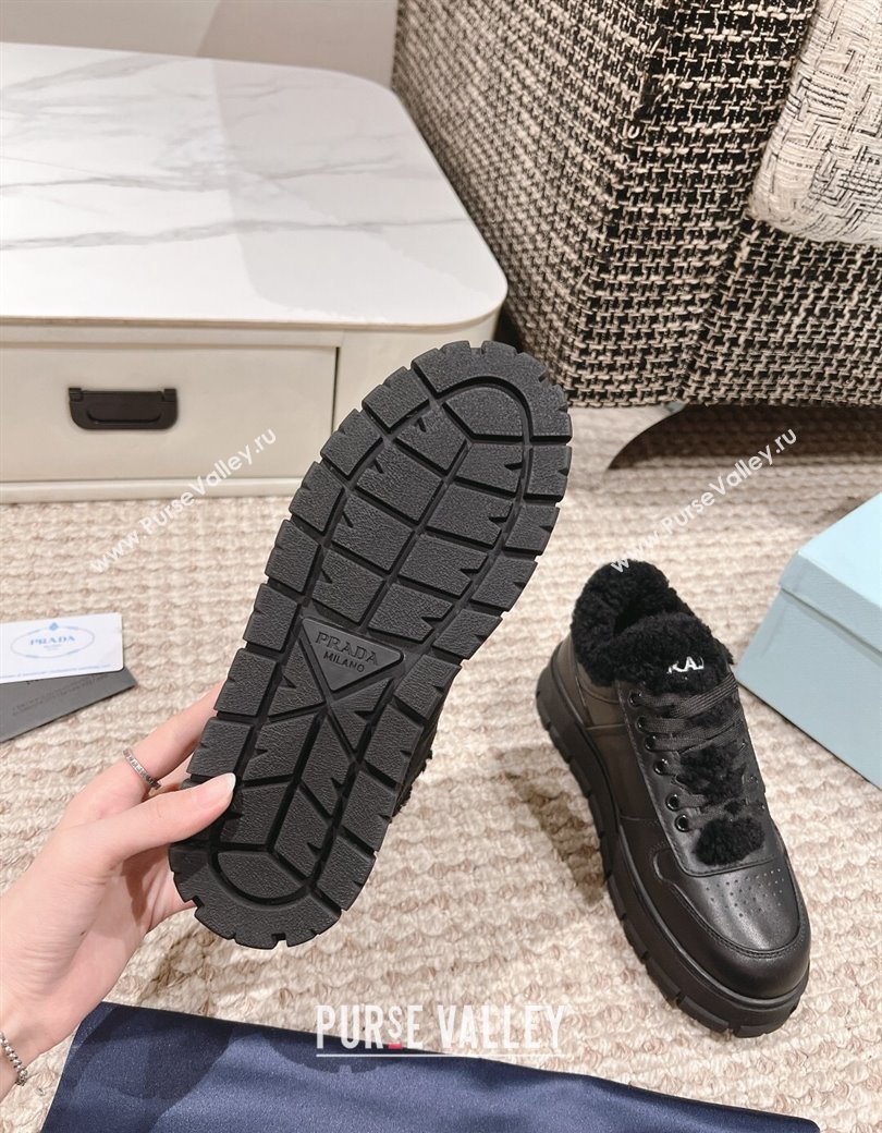 Prada Calf Leather and Shearling Mid-top Platform Sneakers Black 2024 1227 (KL-241227106)