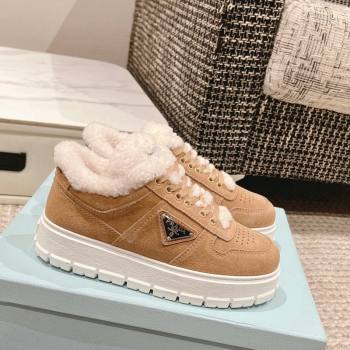 Prada Suede and Shearling Mid-top Platform Sneakers Light Brown 2024 1227 (KL-241227107)