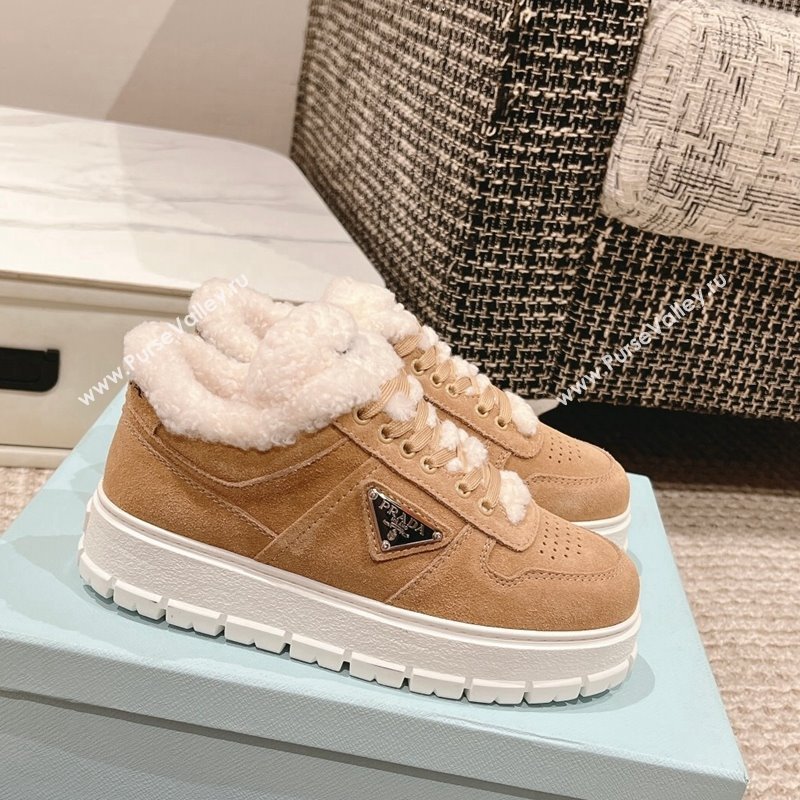 Prada Suede and Shearling Mid-top Platform Sneakers Light Brown 2024 1227 (KL-241227107)