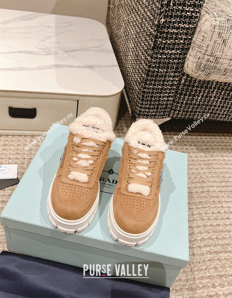 Prada Suede and Shearling Mid-top Platform Sneakers Light Brown 2024 1227 (KL-241227107)