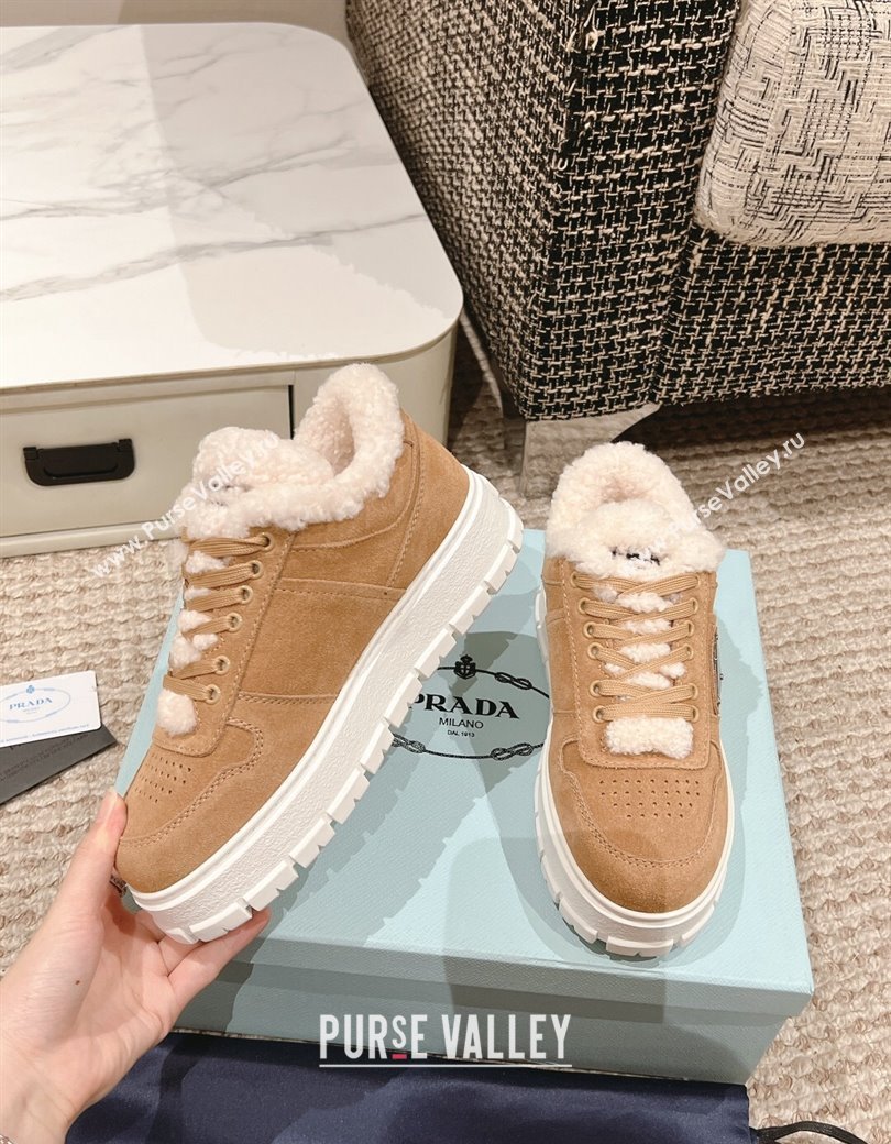 Prada Suede and Shearling Mid-top Platform Sneakers Light Brown 2024 1227 (KL-241227107)