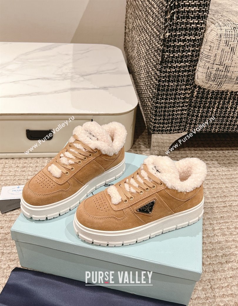 Prada Suede and Shearling Mid-top Platform Sneakers Light Brown 2024 1227 (KL-241227107)