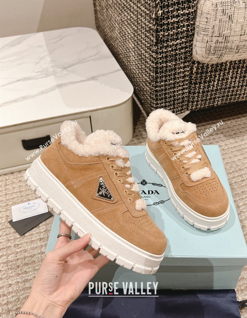 Prada Suede and Shearling Mid-top Platform Sneakers Light Brown 2024 1227 (KL-241227107)