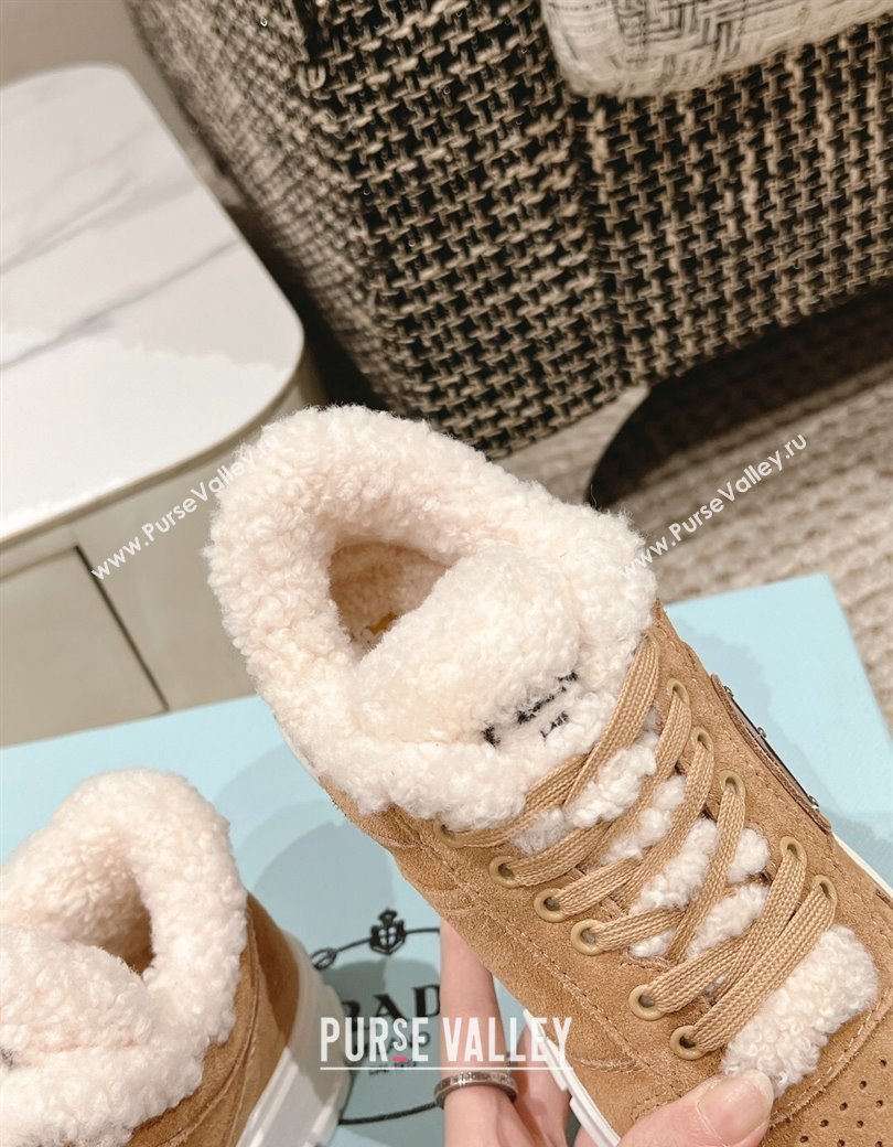 Prada Suede and Shearling Mid-top Platform Sneakers Light Brown 2024 1227 (KL-241227107)