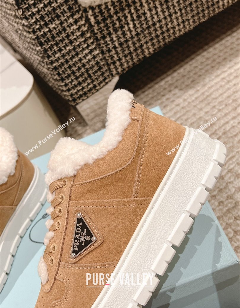 Prada Suede and Shearling Mid-top Platform Sneakers Light Brown 2024 1227 (KL-241227107)