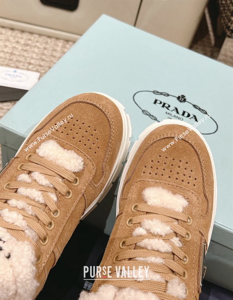 Prada Suede and Shearling Mid-top Platform Sneakers Light Brown 2024 1227 (KL-241227107)