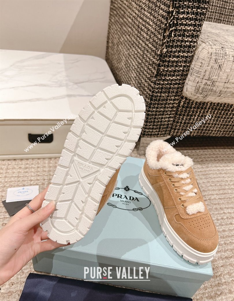 Prada Suede and Shearling Mid-top Platform Sneakers Light Brown 2024 1227 (KL-241227107)