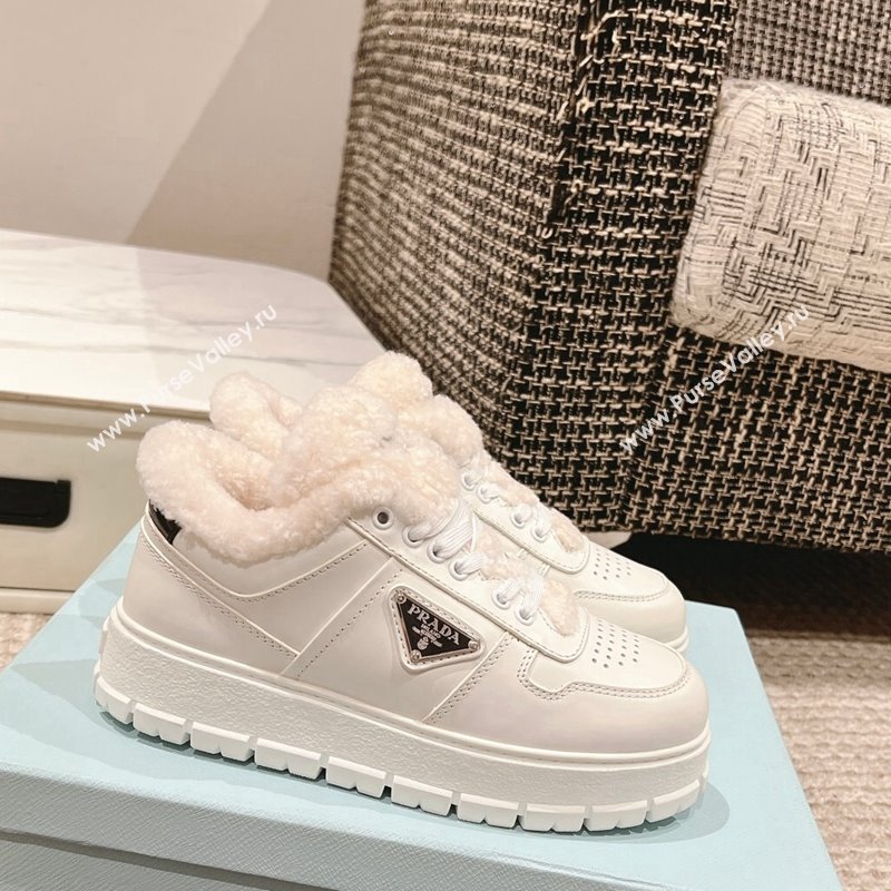 Prada Leather and Shearling Mid-top Platform Sneakers White 2024 1227 (KL-241227108)