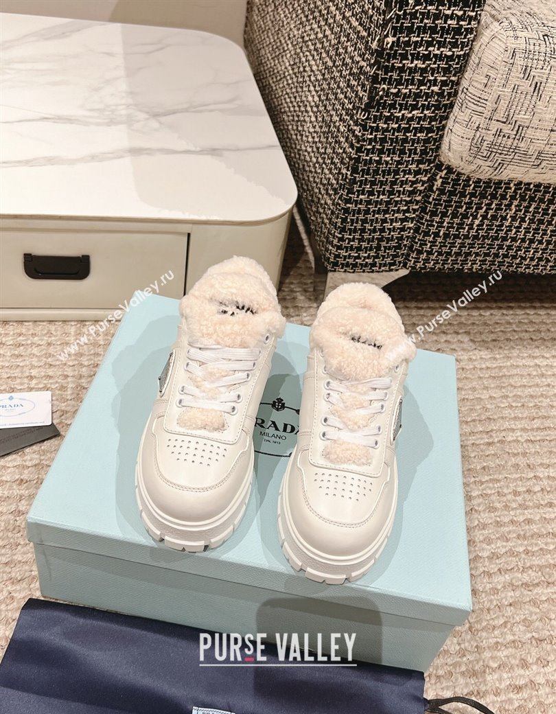 Prada Leather and Shearling Mid-top Platform Sneakers White 2024 1227 (KL-241227108)