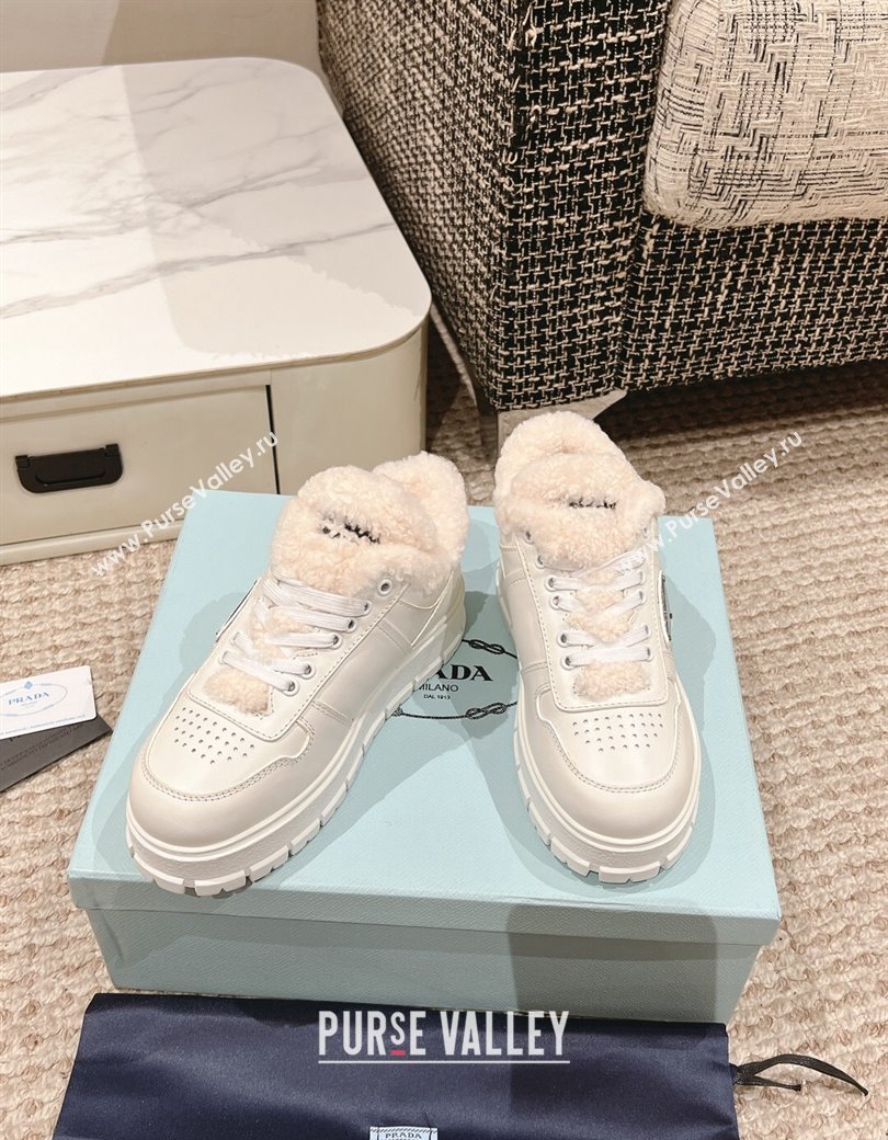 Prada Leather and Shearling Mid-top Platform Sneakers White 2024 1227 (KL-241227108)