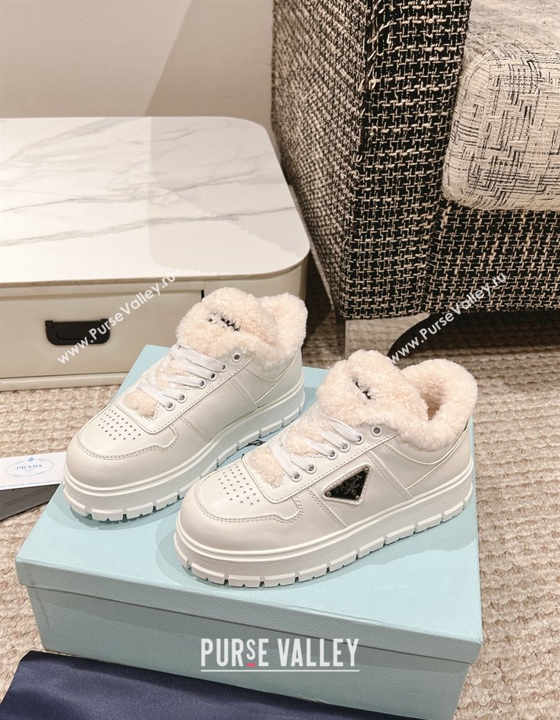 Prada Leather and Shearling Mid-top Platform Sneakers White 2024 1227 (KL-241227108)
