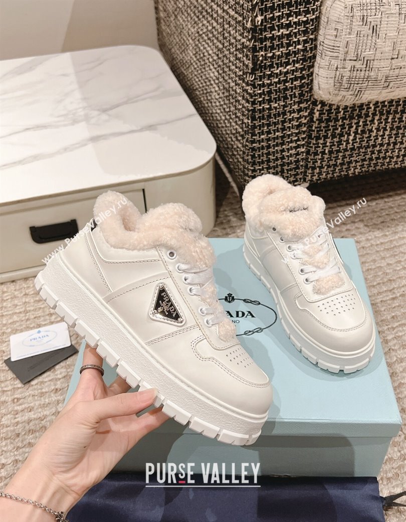Prada Leather and Shearling Mid-top Platform Sneakers White 2024 1227 (KL-241227108)