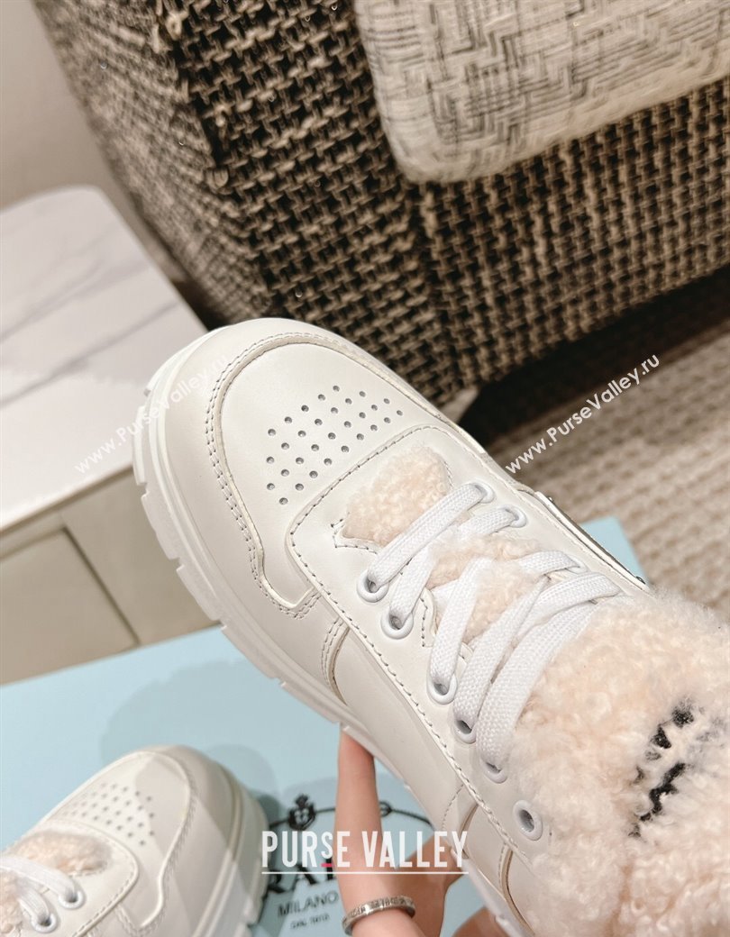 Prada Leather and Shearling Mid-top Platform Sneakers White 2024 1227 (KL-241227108)