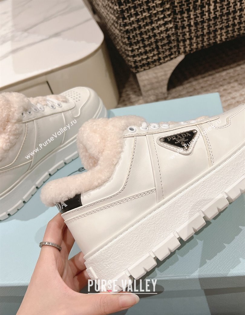 Prada Leather and Shearling Mid-top Platform Sneakers White 2024 1227 (KL-241227108)
