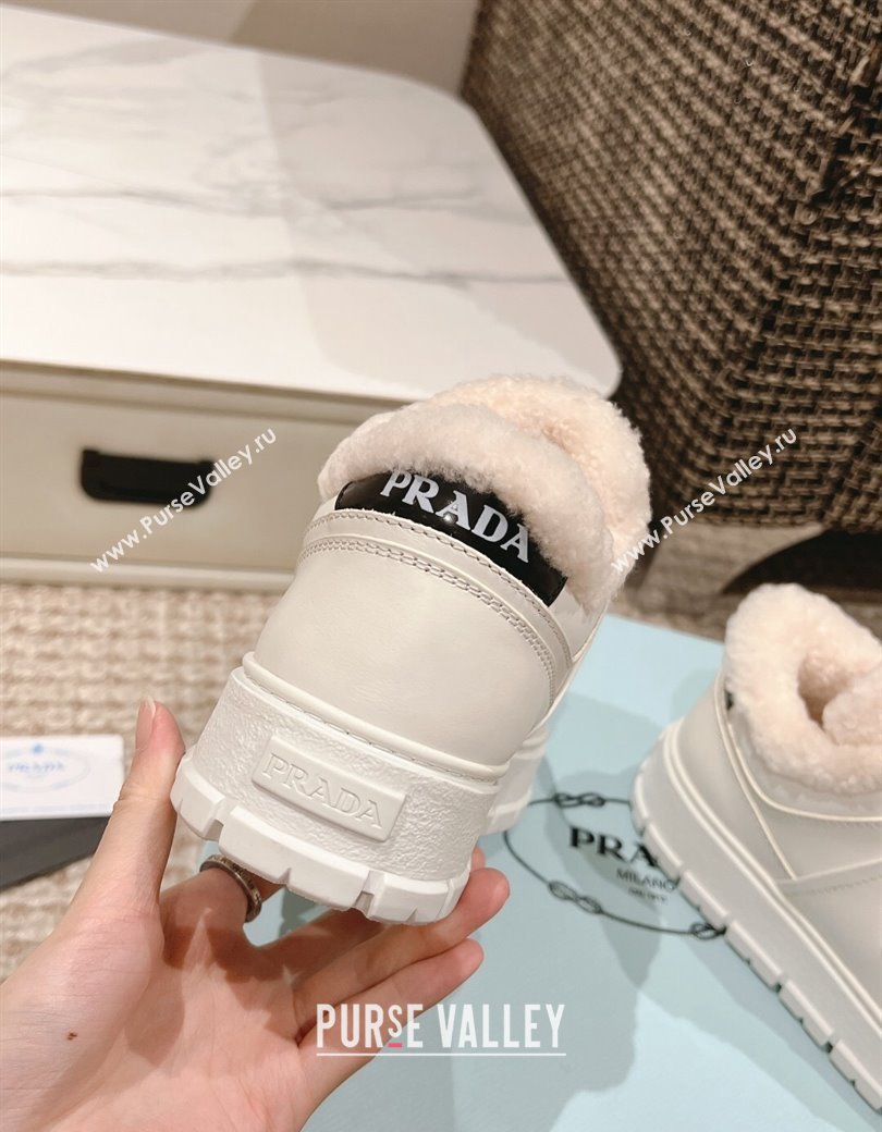 Prada Leather and Shearling Mid-top Platform Sneakers White 2024 1227 (KL-241227108)