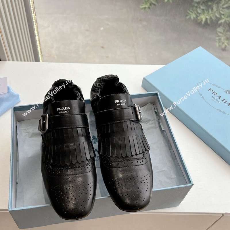 Prada Openwork Leather elasticized loafers with Fringe Black 2024 (MD-241227134)