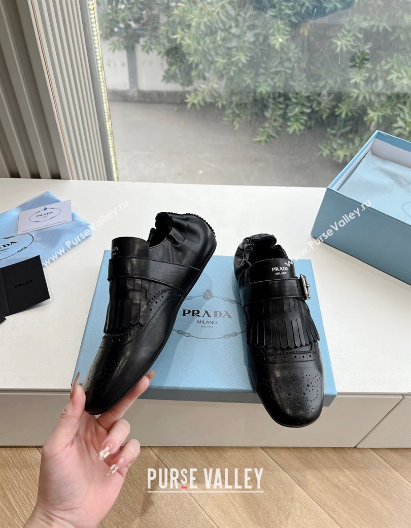 Prada Openwork Leather elasticized loafers with Fringe Black 2024 (MD-241227134)