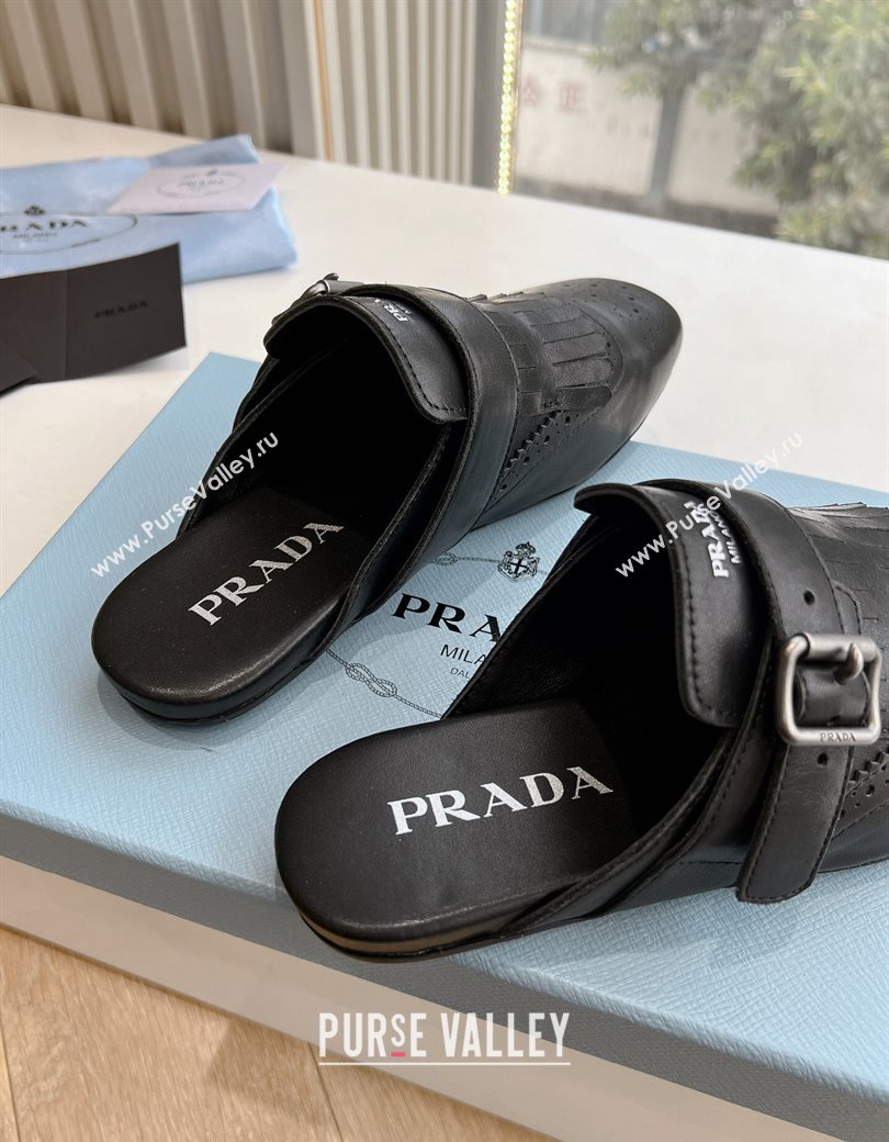 Prada Openwork Leather elasticized mules with Fringe Black 2024 (MD-241227139)