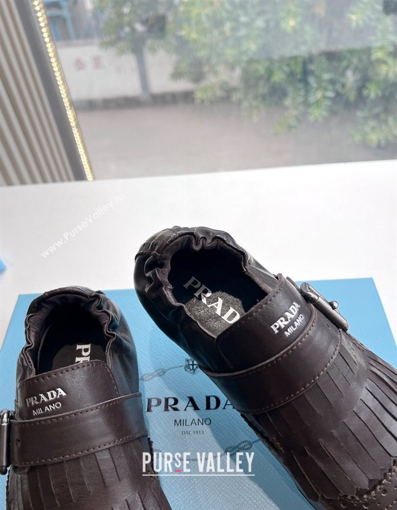 Prada Openwork Leather elasticized loafers with Fringe Fondant Brown 2024 (MD-241227132)