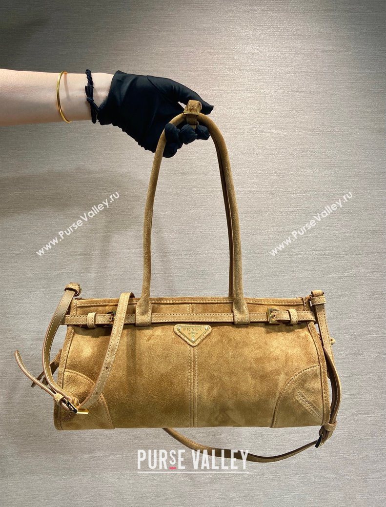 Prada Bonnie Medium Suede handbag 1BA426 Dark Beige 2025 (YZ-250521045)