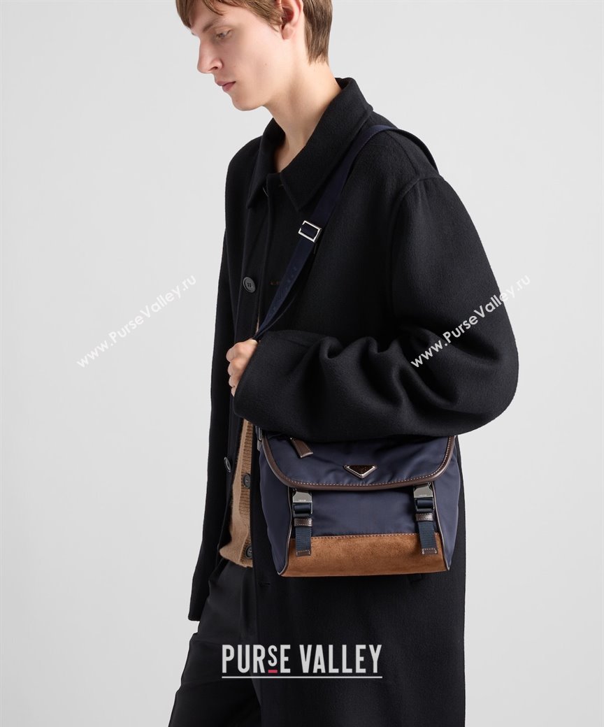 Prada Mens Re-Nylon and leather shoulder bag 2VD066 Blue 2025 (YZ-250207059)