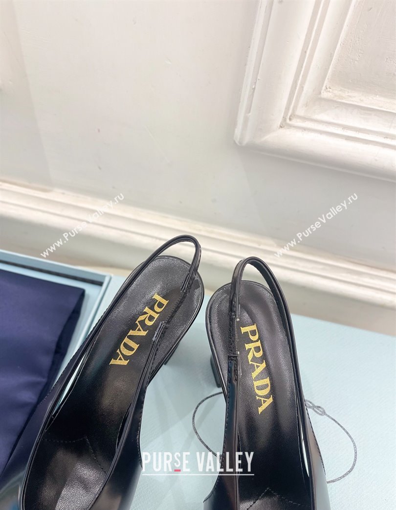 Prada Brushed Leather Slingback Pumps 8.5cm with Front Logo Black 2025 PR022402 (MD-250224086)