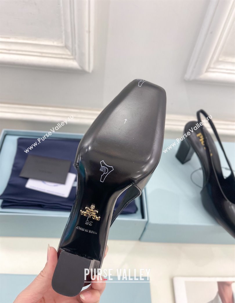 Prada Brushed Leather Slingback Pumps 8.5cm with Front Logo Black 2025 PR022402 (MD-250224086)