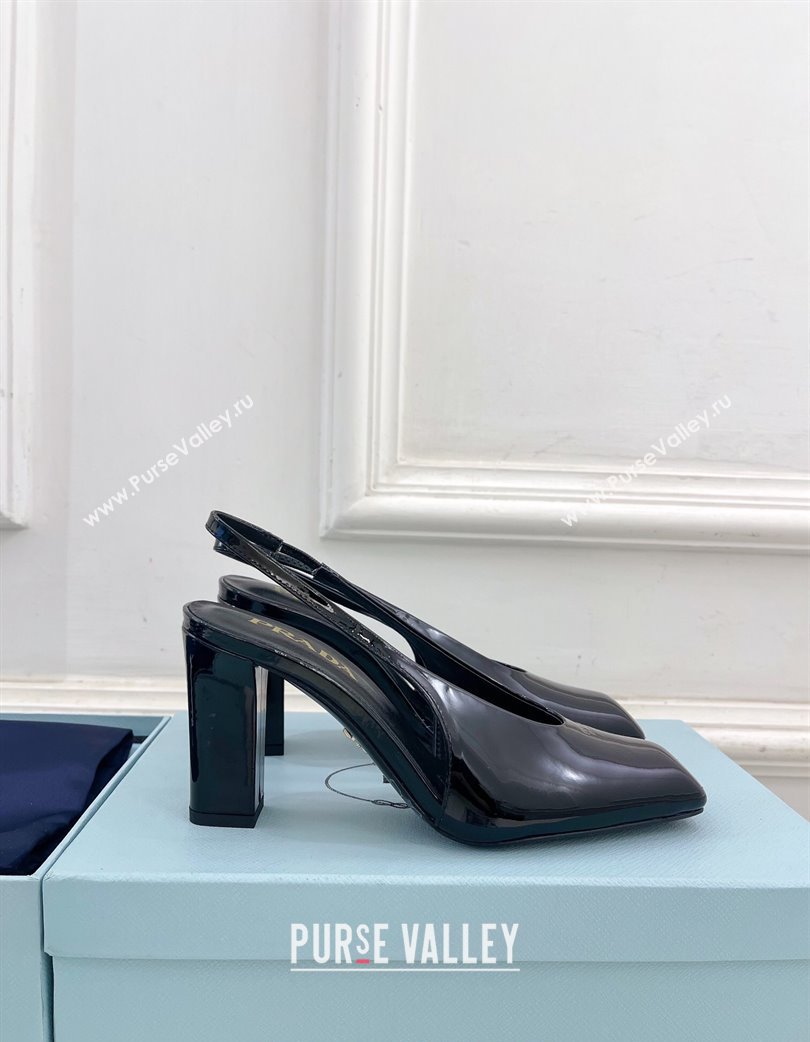 Prada Patent Leather Slingback Pumps 8.5cm with Front Logo Black 2025 PR022402 (MD-250224089)