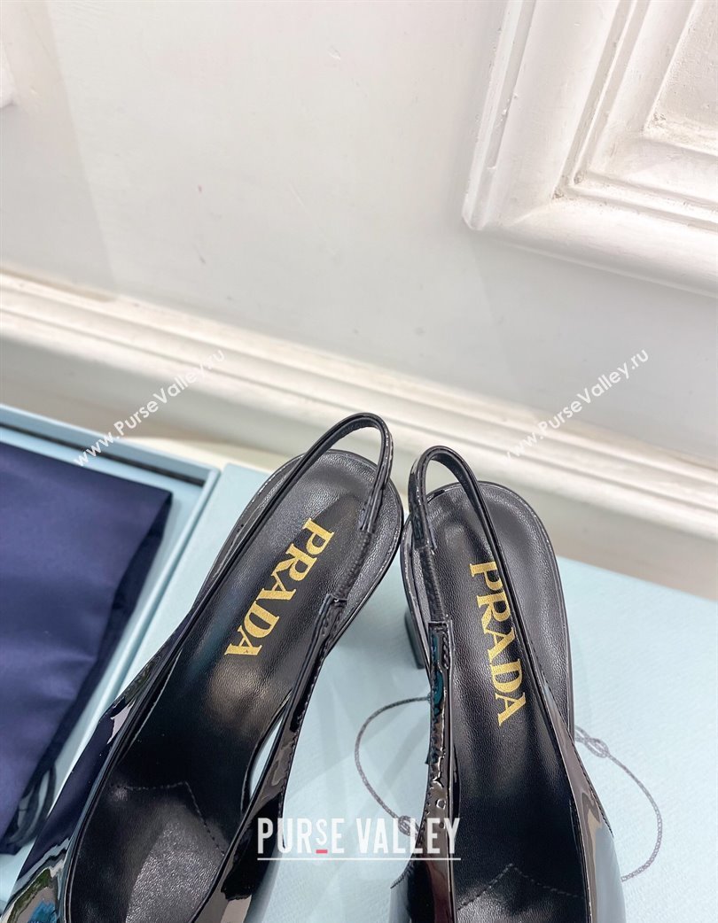 Prada Patent Leather Slingback Pumps 8.5cm with Front Logo Black 2025 PR022402 (MD-250224089)