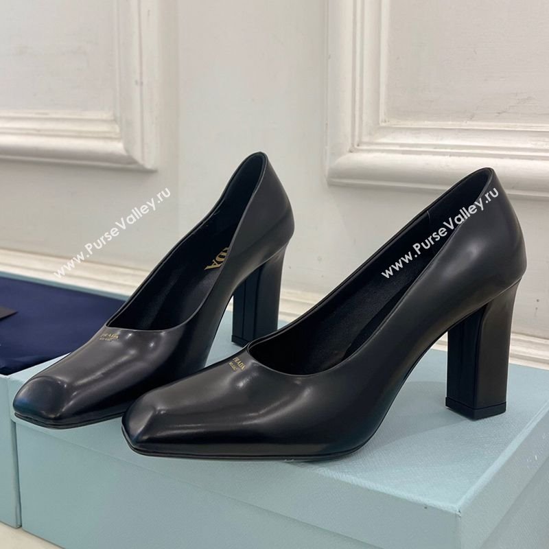 Prada Brushed Calf Leather Pumps 8.5cm with Front Logo Black 2025 PR022402 (MD-250224090)