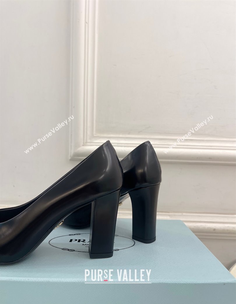 Prada Brushed Calf Leather Pumps 8.5cm with Front Logo Black 2025 PR022402 (MD-250224090)