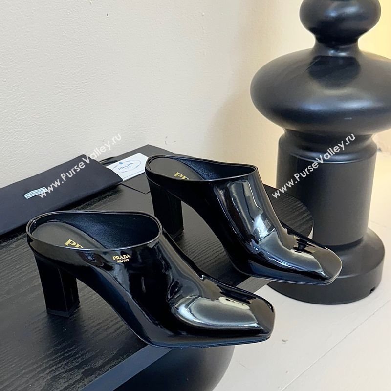 Prada Patent Leather Heel Mules with Side Logo Black 2025 PR022402 (MD-250224073)