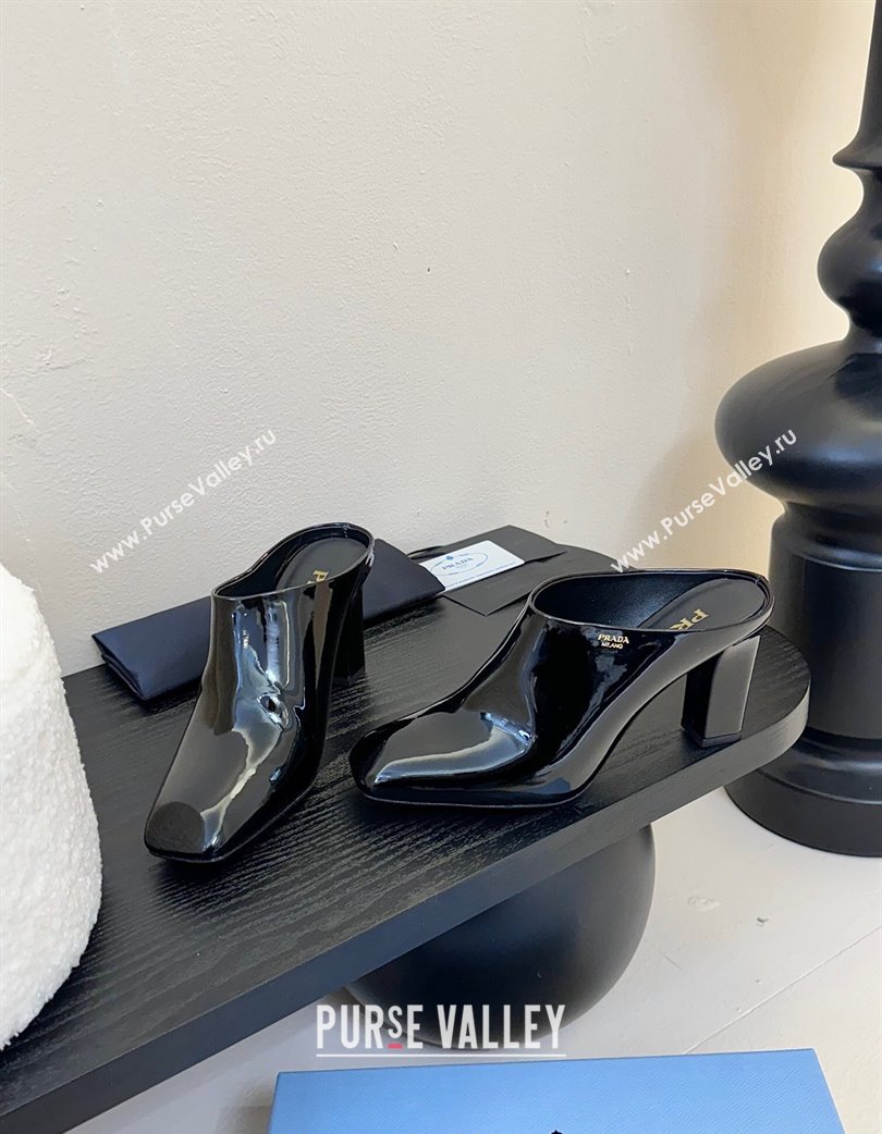 Prada Patent Leather Heel Mules with Side Logo Black 2025 PR022402 (MD-250224073)