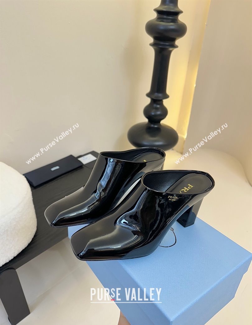 Prada Patent Leather Heel Mules with Side Logo Black 2025 PR022402 (MD-250224073)