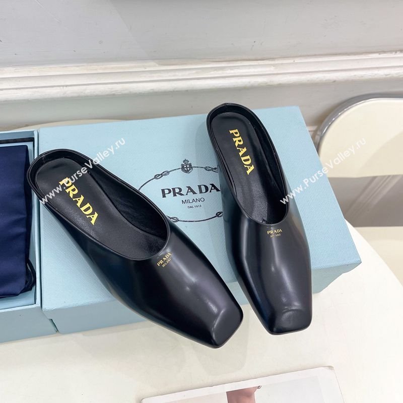 Prada Brushed Leather Flat Mules with Front Logo Black 2025 PR022402 (MD-250224074)