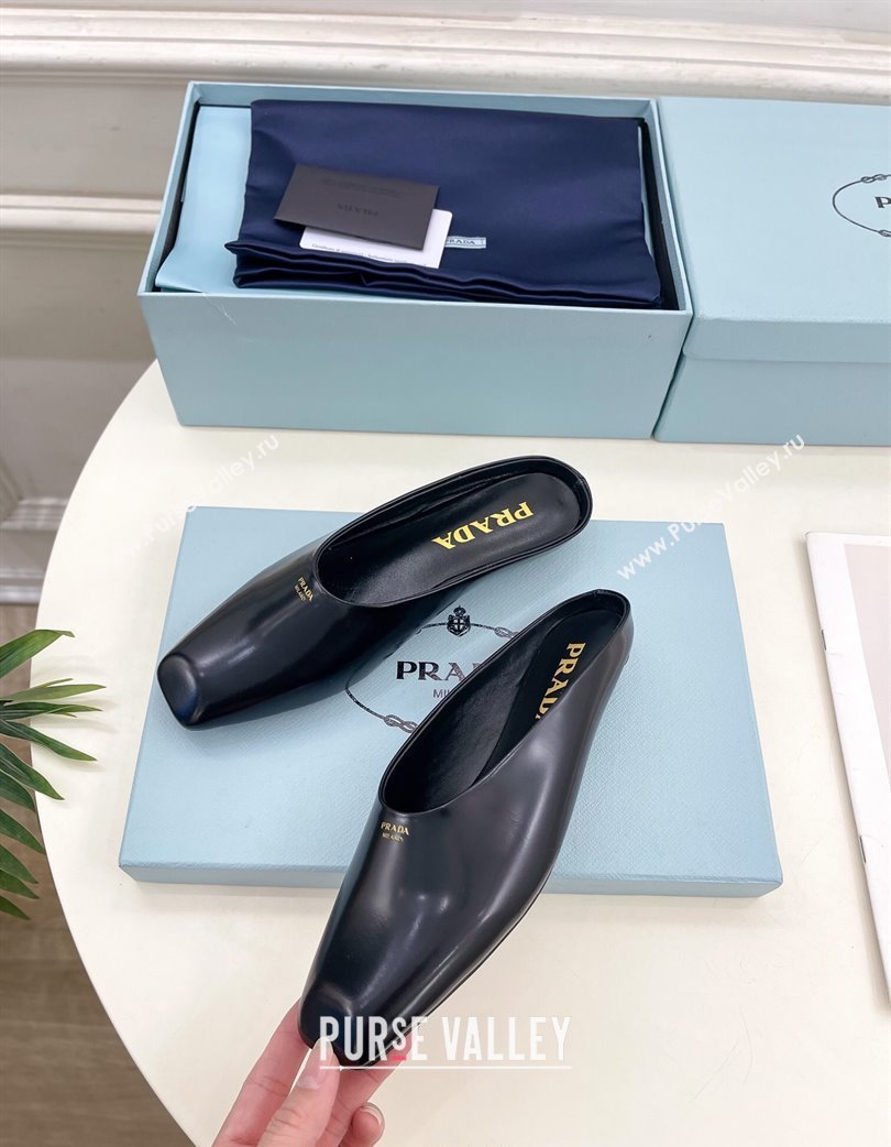 Prada Brushed Leather Flat Mules with Front Logo Black 2025 PR022402 (MD-250224074)