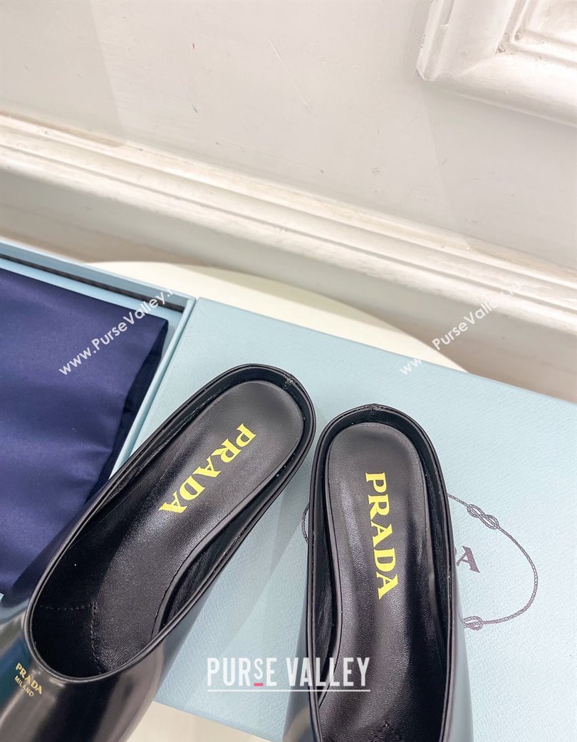 Prada Brushed Leather Flat Mules with Front Logo Black 2025 PR022402 (MD-250224074)