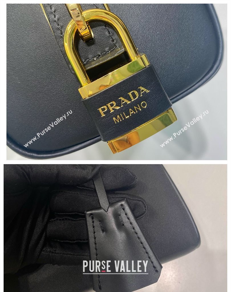 Prada Re-Nylon and leather medium top-handle bag with padlock 1BB127 Black 2025 (YZ-250407034)