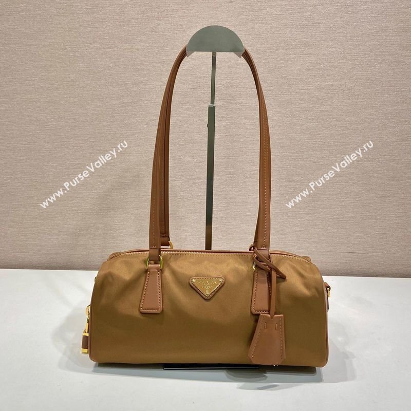 Prada Re-Nylon and leather medium top-handle bag with padlock 1BB127 Brandy Brown 2025 (YZ-250407035)