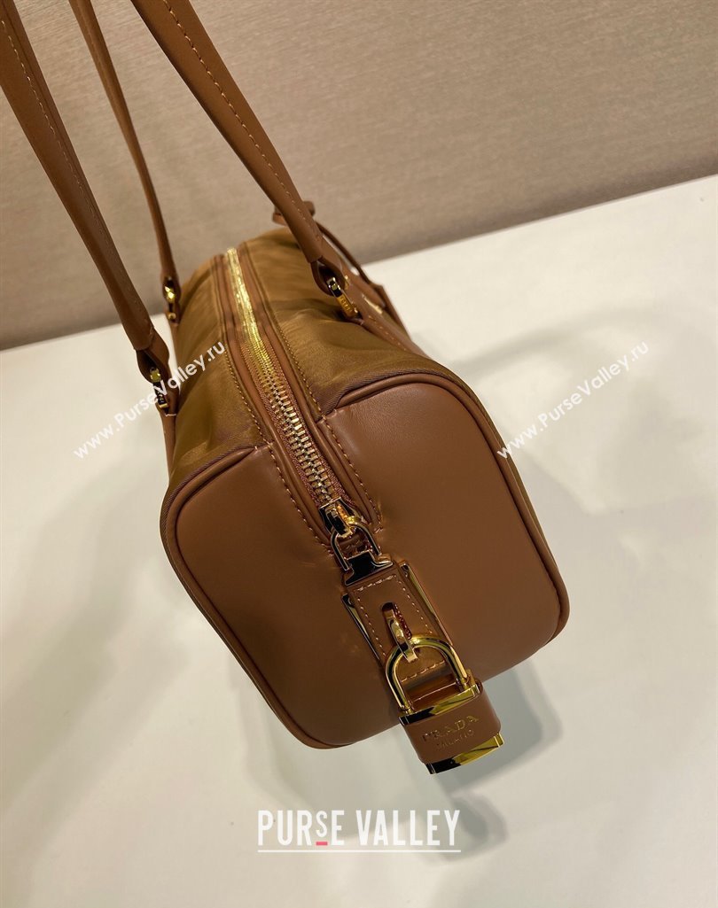 Prada Re-Nylon and leather medium top-handle bag with padlock 1BB127 Brandy Brown 2025 (YZ-250407035)