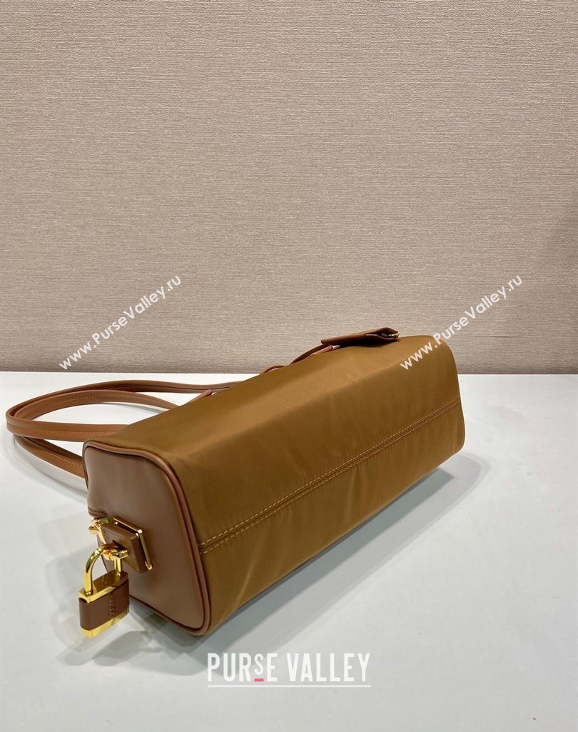 Prada Re-Nylon and leather medium top-handle bag with padlock 1BB127 Brandy Brown 2025 (YZ-250407035)
