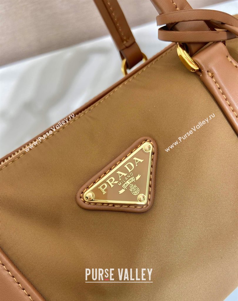 Prada Re-Nylon and leather medium top-handle bag with padlock 1BB127 Brandy Brown 2025 (YZ-250407035)
