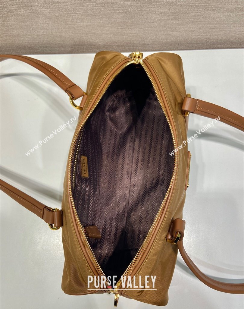 Prada Re-Nylon and leather medium top-handle bag with padlock 1BB127 Brandy Brown 2025 (YZ-250407035)